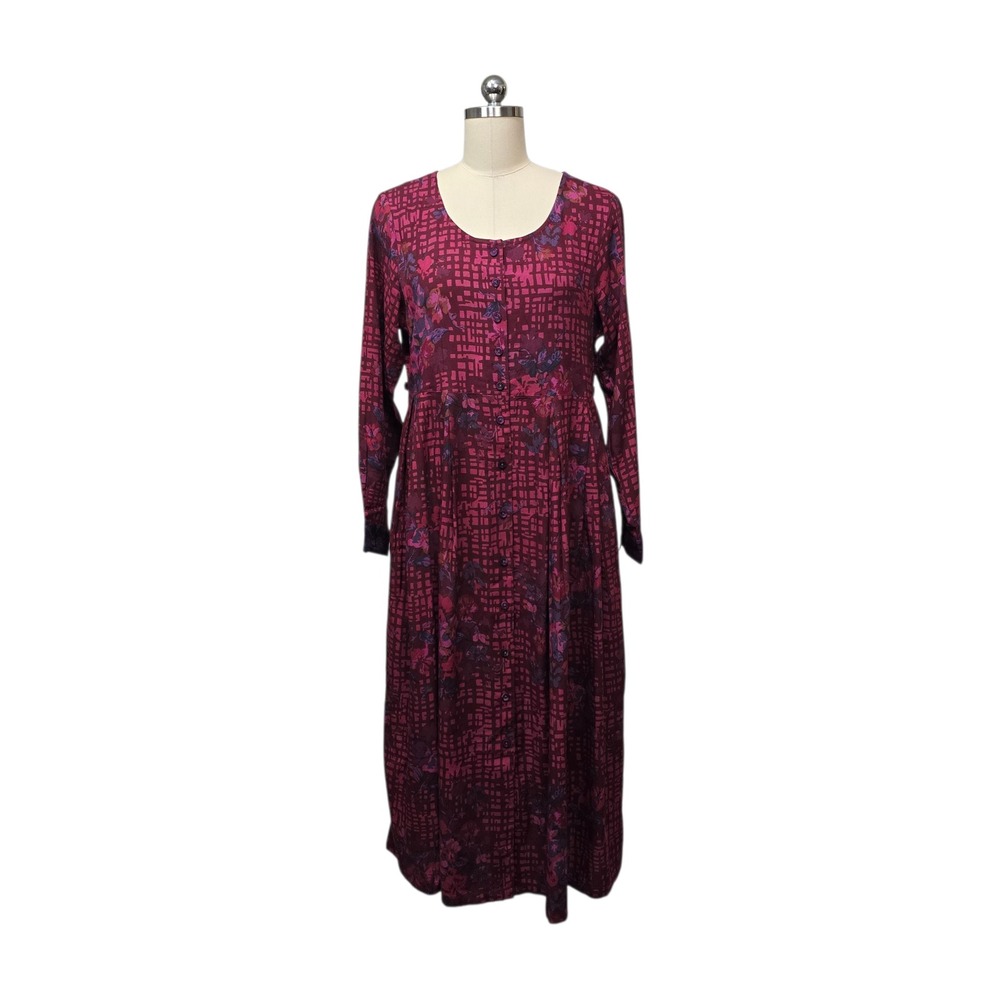 April Cornell‎ Womens Small Plum Floral Geometric Rayon Button Front Maxi Dress